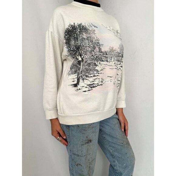 90s vintage white snowy winter holiday graphic collared cotton pullover sweater - Picture 7 of 10